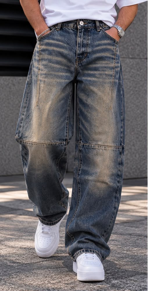 Jeans Baggy Blu Washed con Taglio e Pannello al Ginocchio
