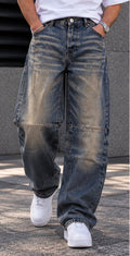 Jeans Baggy Blu Washed con Taglio e Pannello al Ginocchio