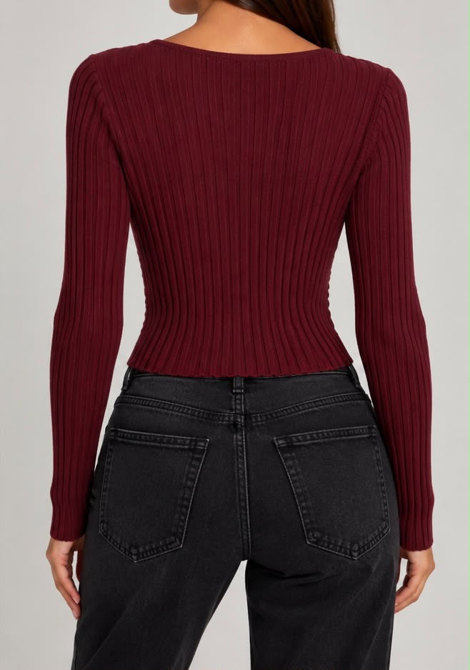 Crop Top Incrociato in Maglia a Coste (Rosso Bordeaux)