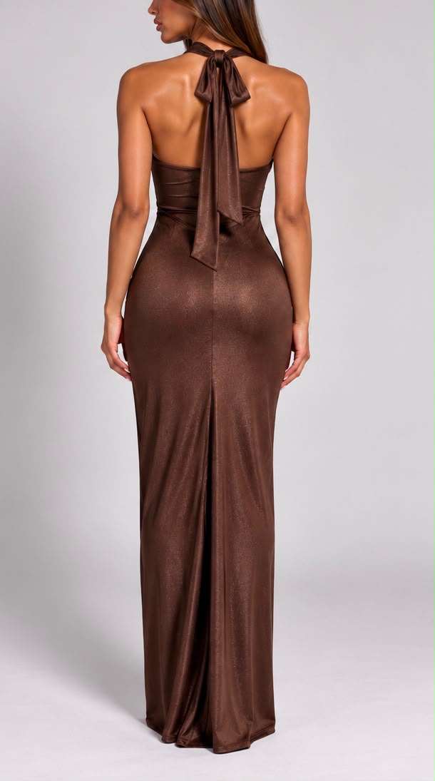 Abito Lungo Drappeggiato Shimmer (Marrone Bronzo)