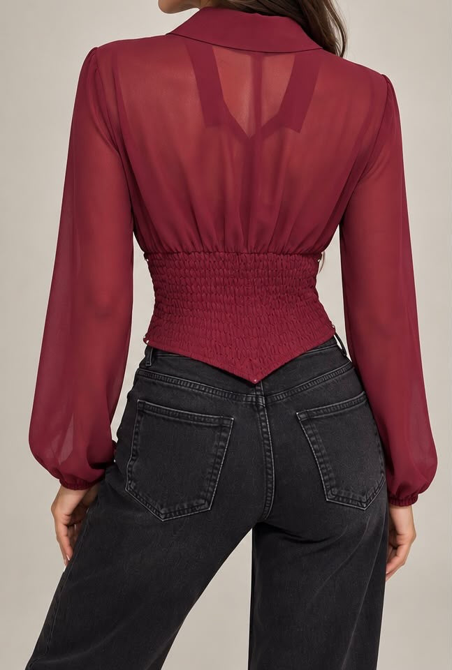 Camicia in Chiffon Rosso Borgogna con Bustino Corsetto e Borchie