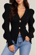 Cardigan Nero in Maglia a Coste con Maniche a Onde
