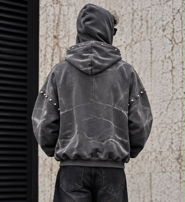 Felpa Zip Grigio Washed con Passamontagna e Borchie (Grigio Antracite)
