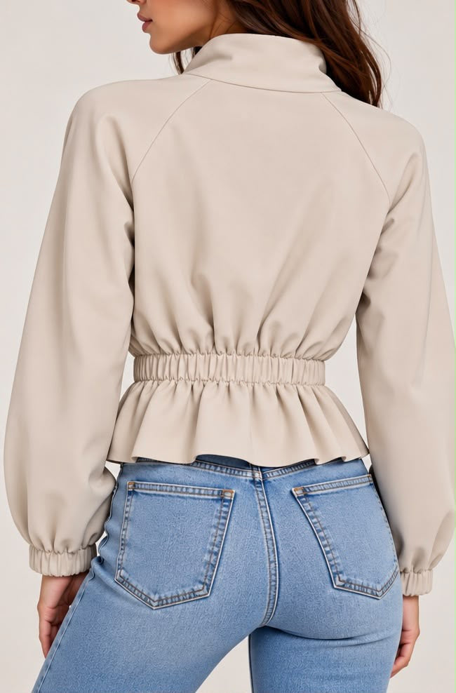 Giacca Corta Stile Bomber con Punto Vita Arricciato (Beige)