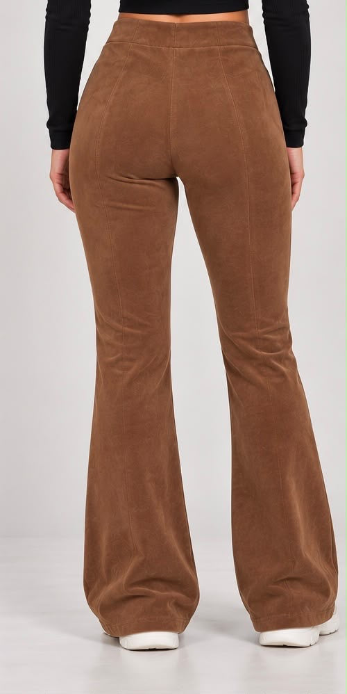 Pantaloni Scamosciati a Vita Alta a Zampa con Zip (Marrone Cammello)