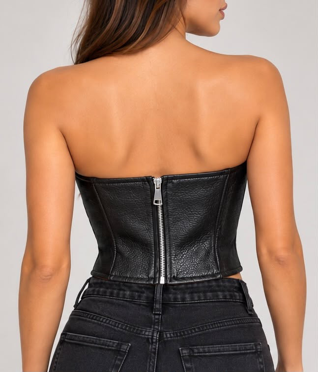 Top Bustino Corsetto a Cuore in Similpelle (Nero)