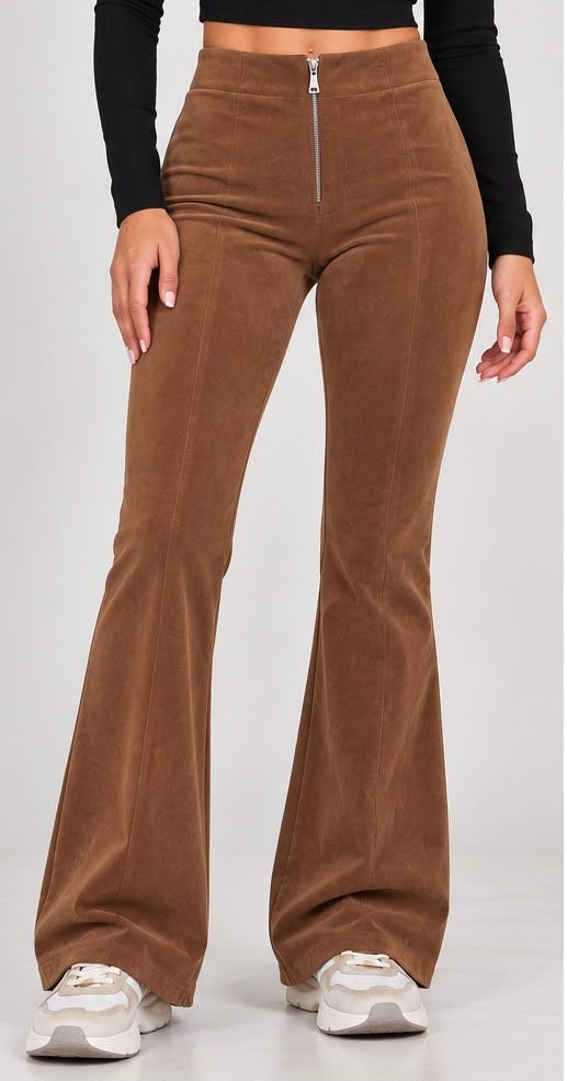 Pantaloni Scamosciati a Vita Alta a Zampa con Zip (Marrone Cammello)