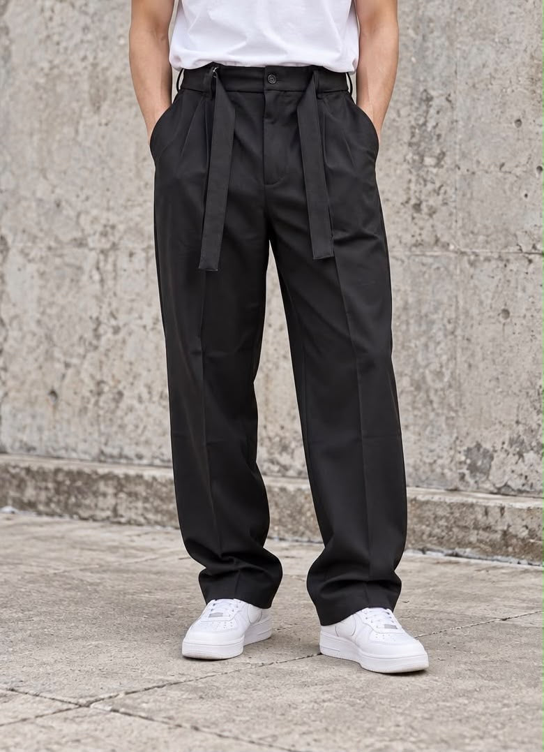 Pantaloni Sartoriali Neri con Lacci Lunghi in Vita