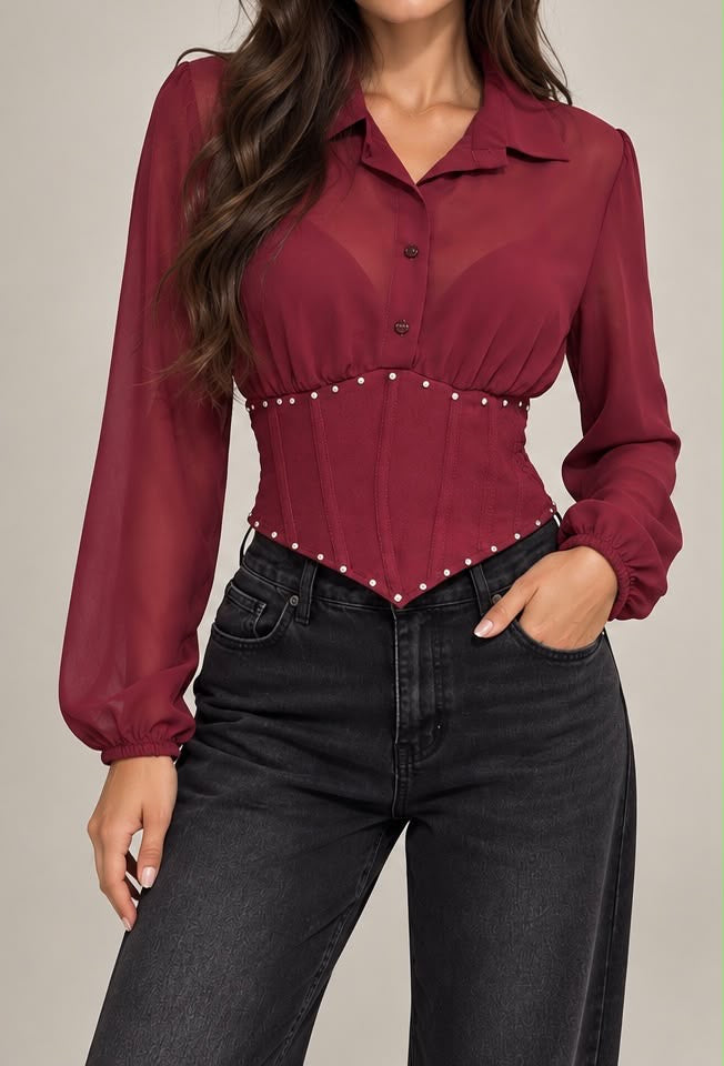 Camicia in Chiffon Rosso Borgogna con Bustino Corsetto e Borchie