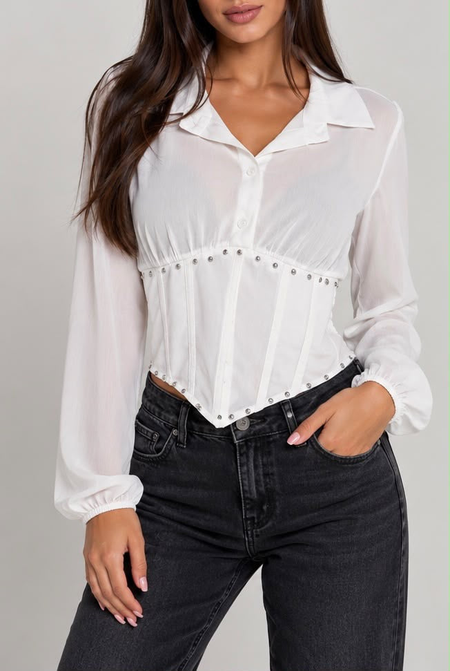 Camicia in Chiffon Bianca con Bustino Corsetto e Borchie