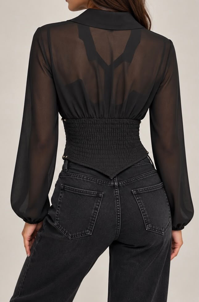 Camicia in Chiffon Nera con Bustino Corsetto e Borchie