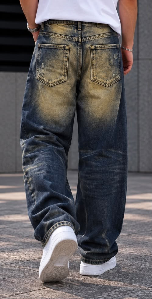 Jeans Baggy Blu Vintage con Grandi Strappi