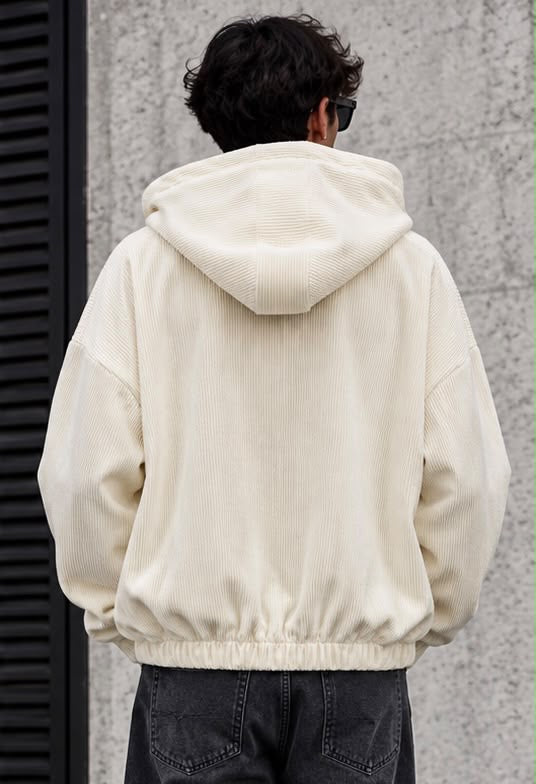 Giacca in Velluto a Coste Uomo con Cappuccio e Zip – Beige