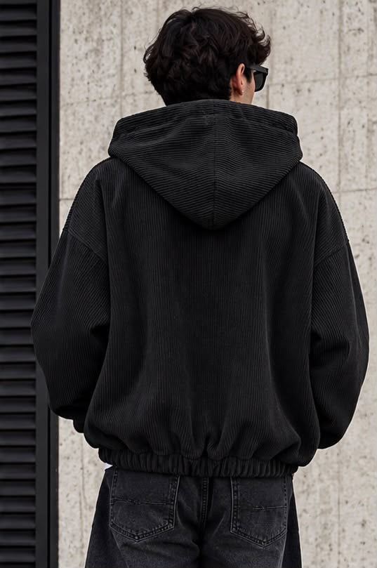 Giacca in Velluto a Coste Uomo con Cappuccio e Zip – Nero