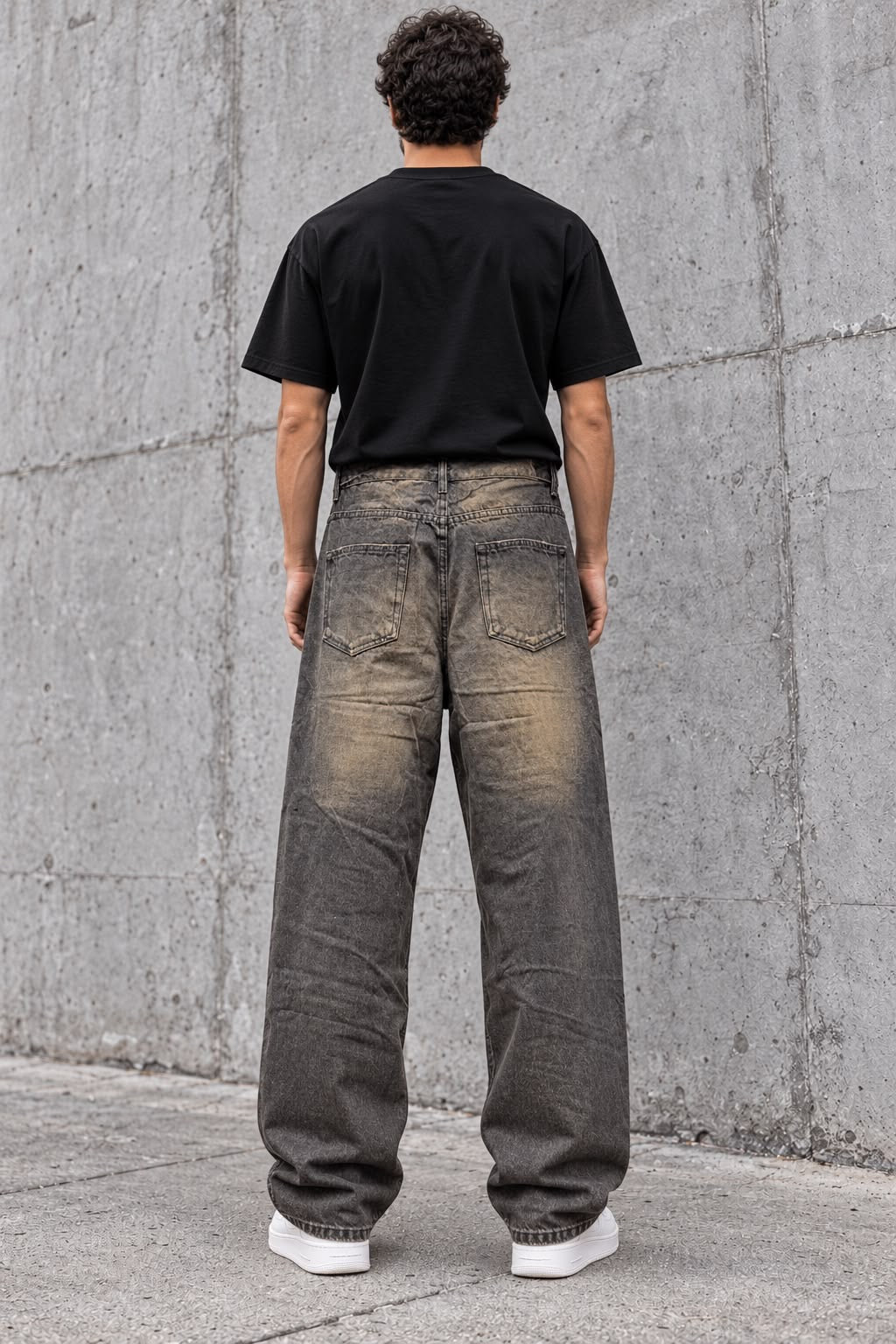 Jeans Baggy Washed Nero/Grigio con Strappi e Inserti