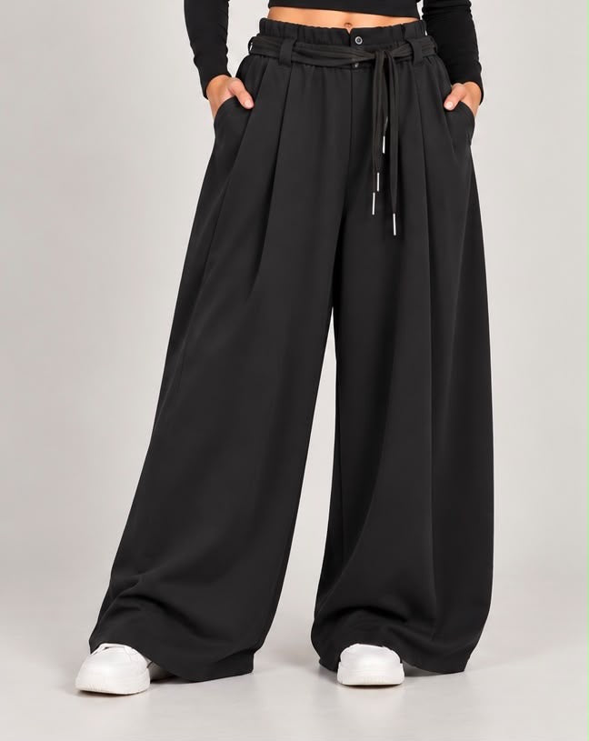 Pantaloni Palazzo Ampi a Vita Alta con Pieghe e Cintura Nastro (Nero)
