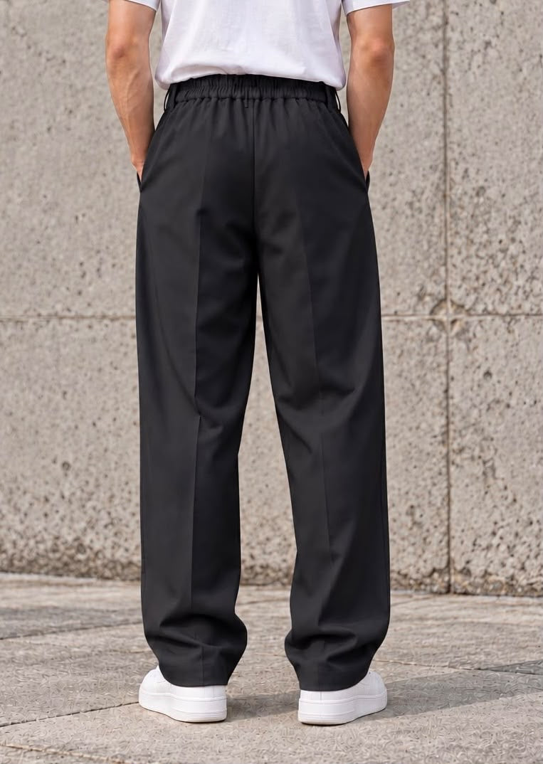 Pantaloni Sartoriali Neri con Pinces e Vita Elasticizzata