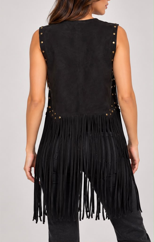Gilet Smanicato Scamosciato con Frange Lunghissime e Borchie (Nero)