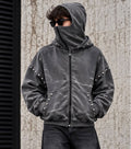 Felpa Zip Grigio Washed con Passamontagna e Borchie (Grigio Antracite)