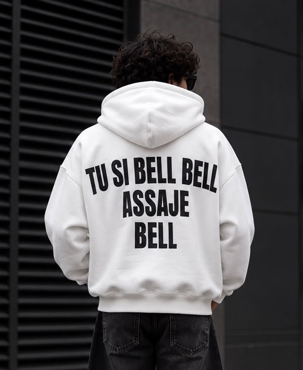 Felpa Oversize bianca Uomo Tu si bell bell assaje bell – Streetwear