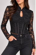 Top In Pizzo Nero a Maniche Lunghe Stile Corsetto con Colletto Mandarino