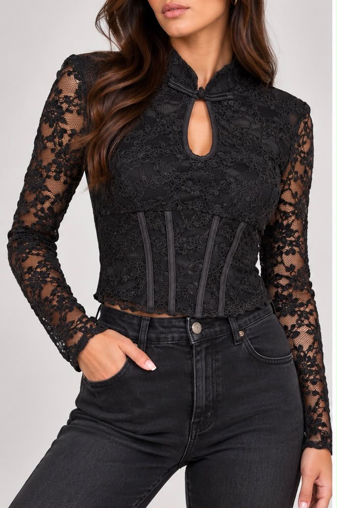 Top In Pizzo Nero a Maniche Lunghe Stile Corsetto con Colletto Mandarino