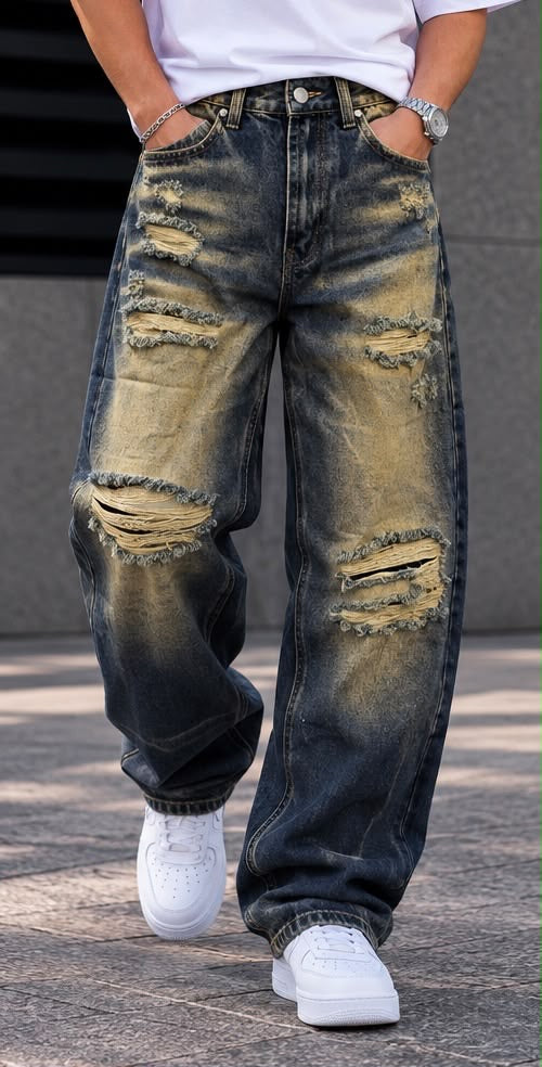 Jeans Baggy Blu Vintage con Grandi Strappi