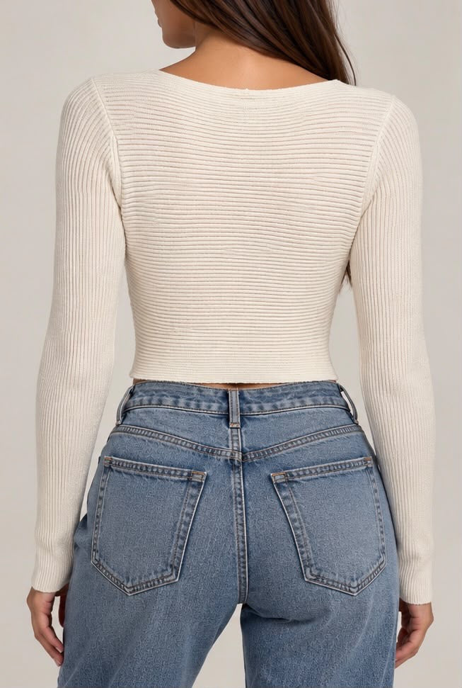 Crop Top Incrociato a Coste (Panna / Bianco Crema)