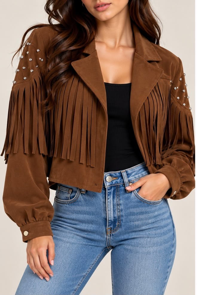 Giacca Cropped Suede Marrone con Frange e Borchie