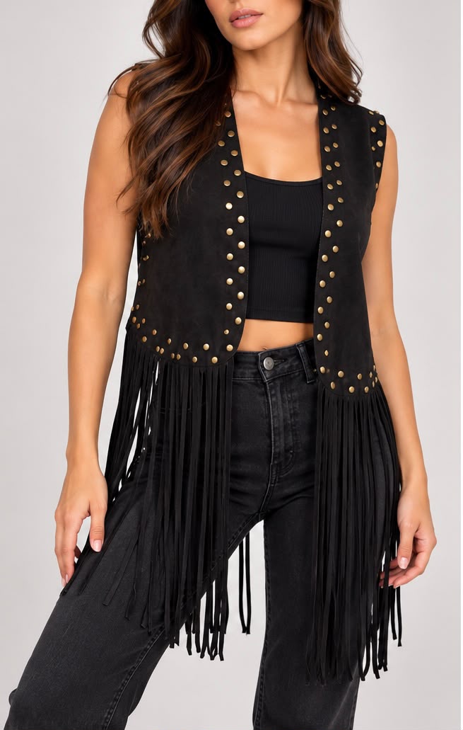 Gilet Smanicato Scamosciato con Frange Lunghissime e Borchie (Nero)