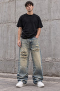 Jeans Baggy Vintage Washed con Strappi e Dettaglio Bandana/Toppa