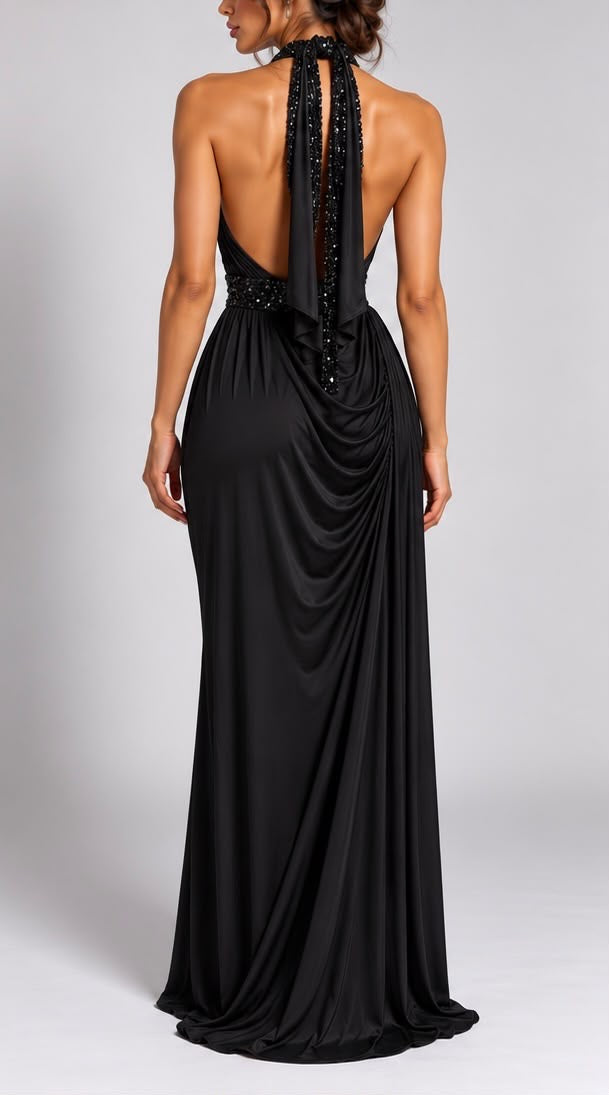Abito Lungo Scollo all'Americana con Paillettes (Nero)