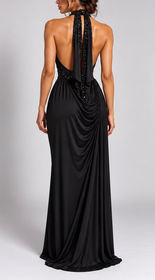 Abito Lungo Scollo all'Americana con Paillettes (Nero)