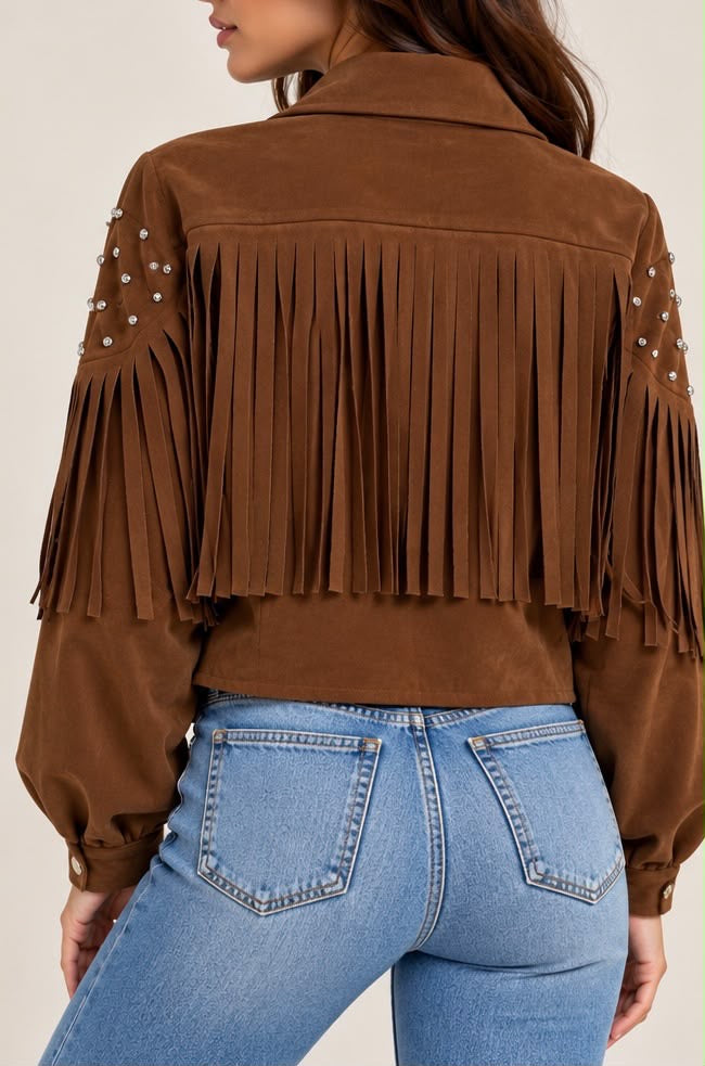Giacca Cropped Suede Marrone con Frange e Borchie