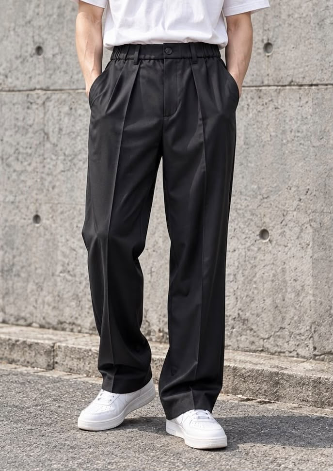 Pantaloni Sartoriali Neri con Pinces e Vita Elasticizzata