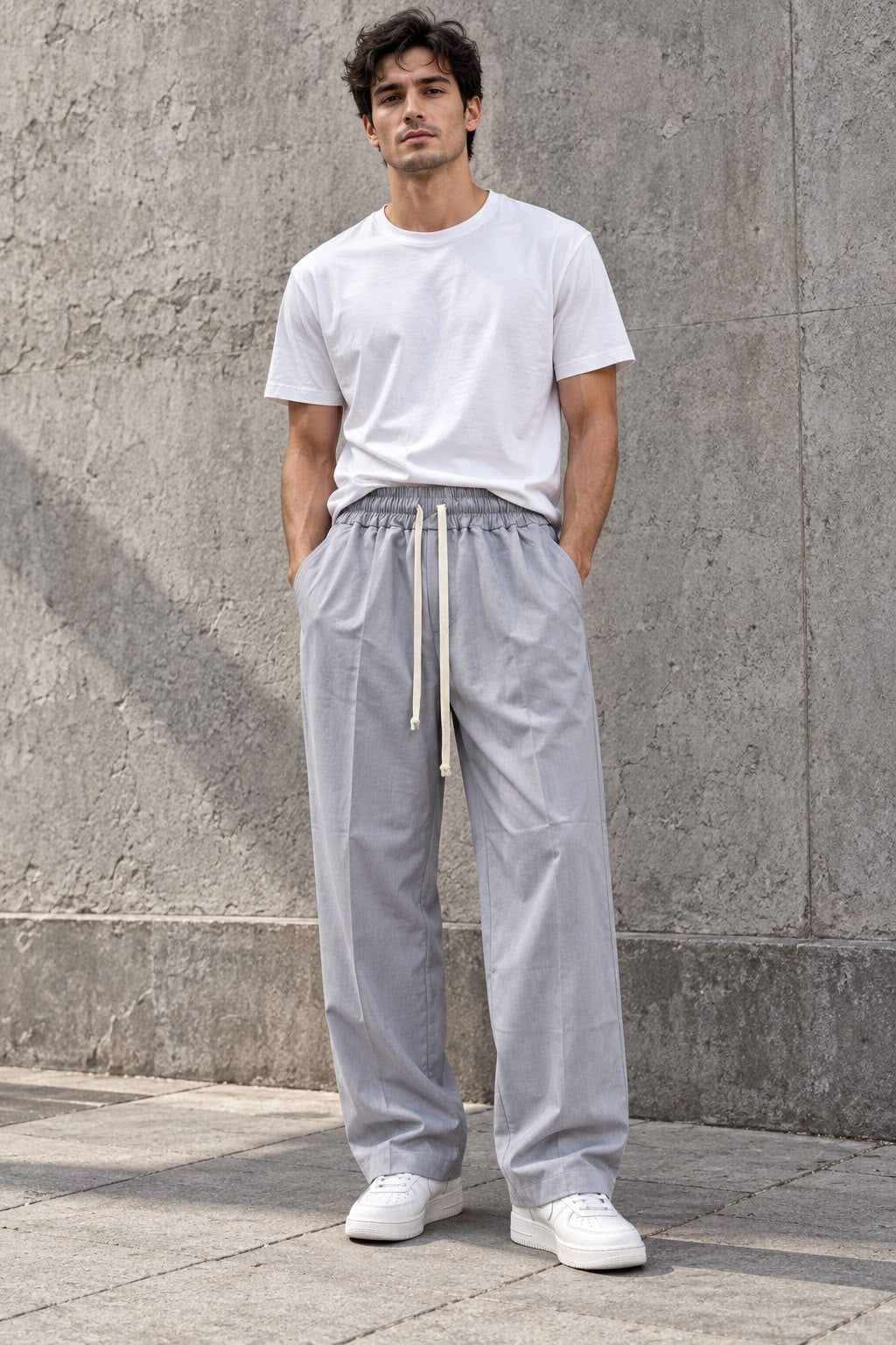 Pantaloni Fluidi Grigio Chiaro con Coulisse Extra Long
