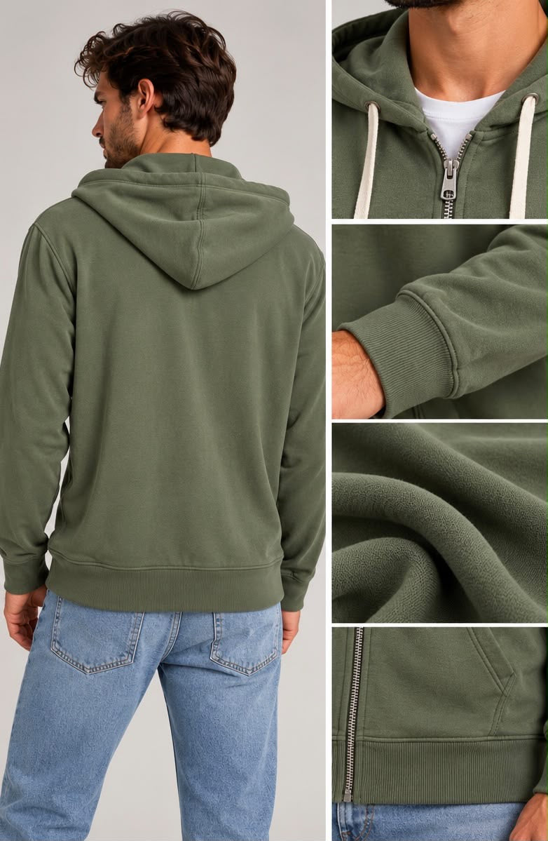 Felpa con Cappuccio e Zip (Verde Militare / Oliva)