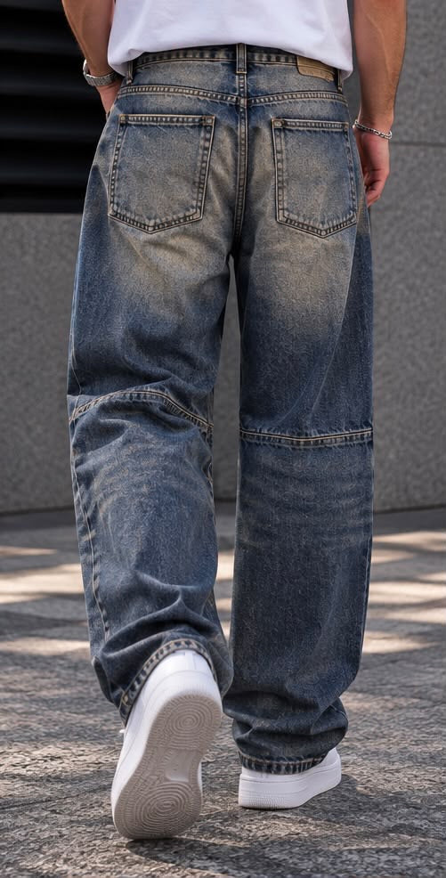 Jeans Baggy Blu Washed con Taglio e Pannello al Ginocchio