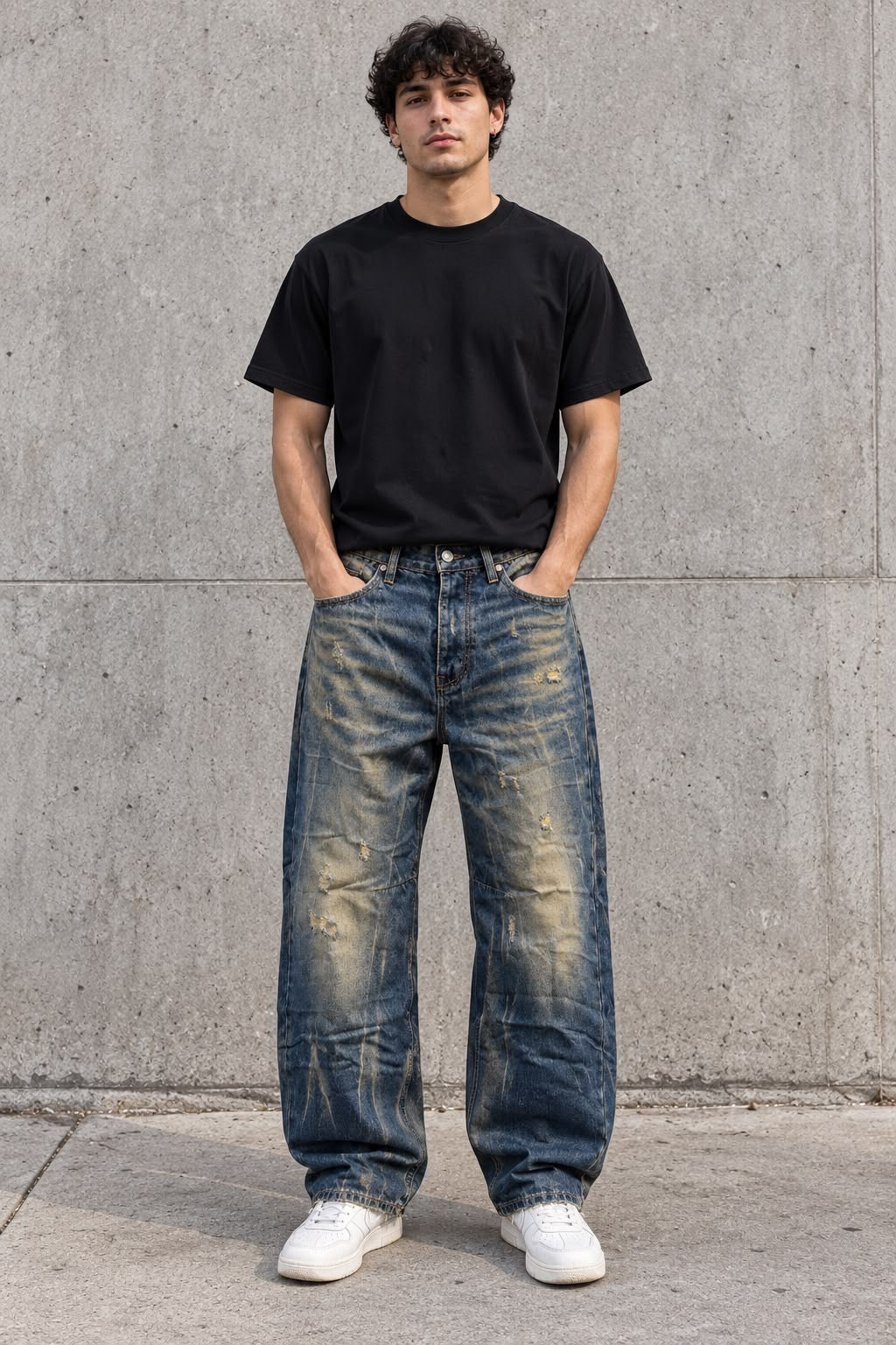 Jeans Baggy Blue Denim con Lavaggio Vintage e Graffiature