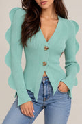 Cardigan Menta in Maglia a Coste con Maniche ad Onde