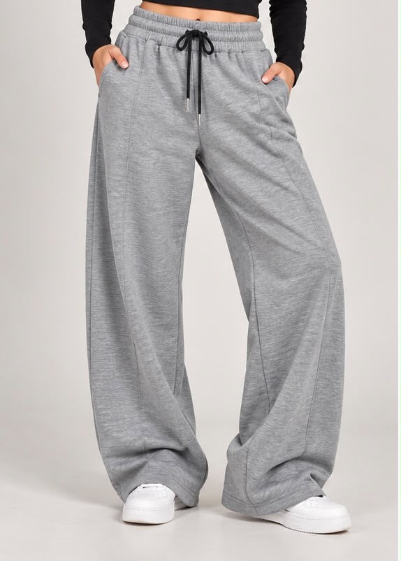Pantaloni Tuta Ampi a Gamba Larga in Felpa (Grigio Melange)