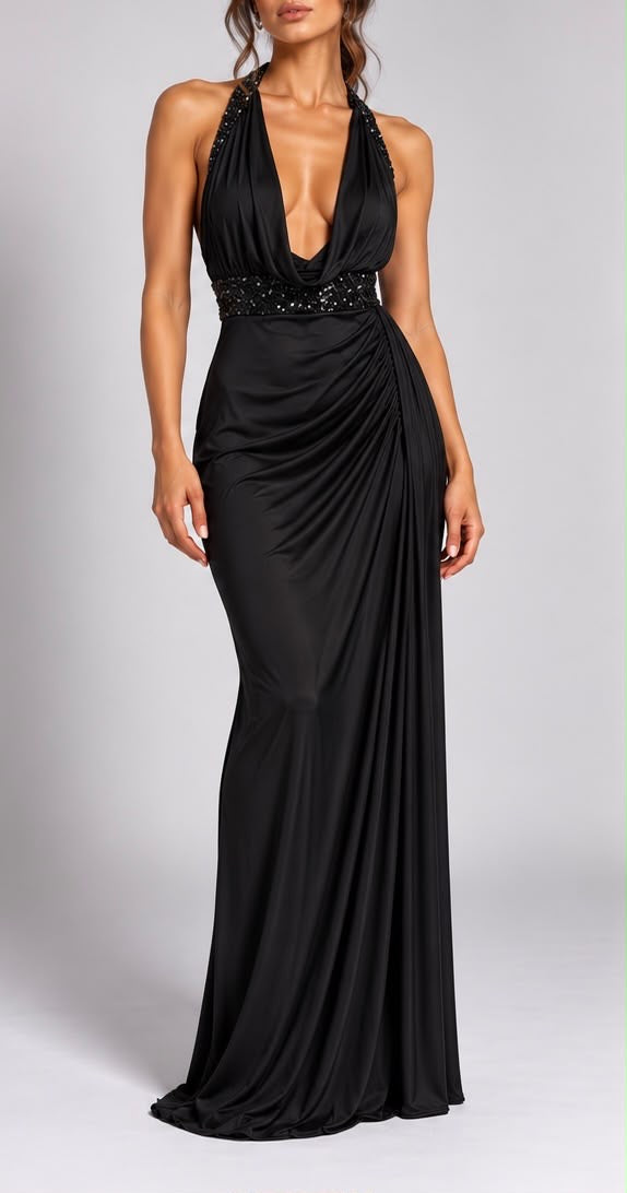 Abito Lungo Scollo all'Americana con Paillettes (Nero)