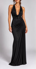 Abito Lungo Scollo all'Americana con Paillettes (Nero)