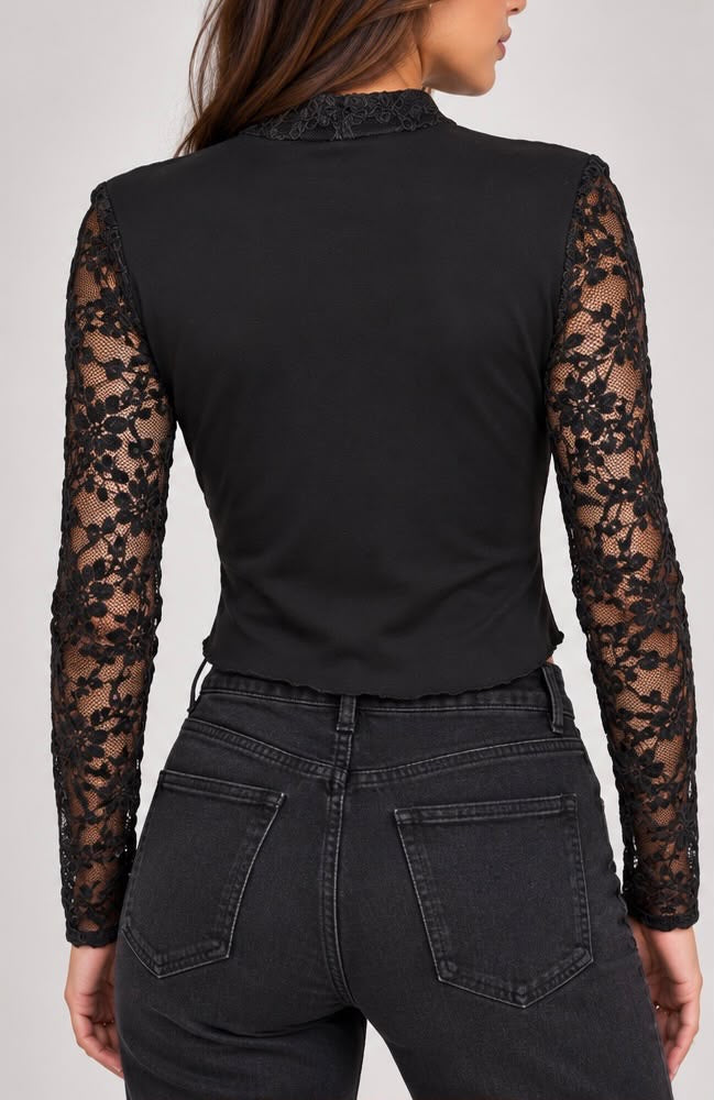 Top In Pizzo Nero a Maniche Lunghe Stile Corsetto con Colletto Mandarino