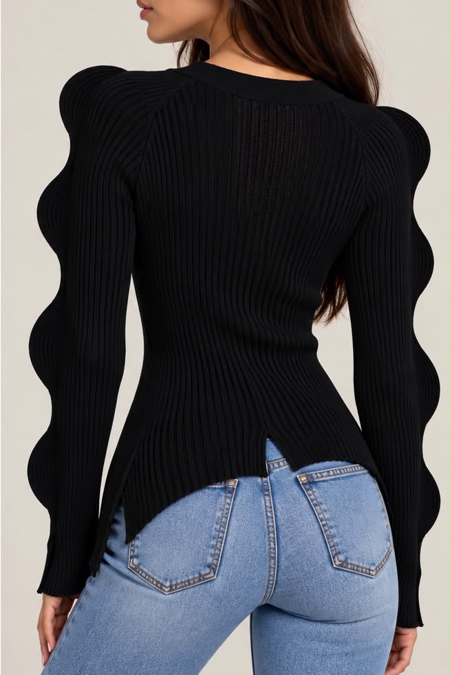 Cardigan Nero in Maglia a Coste con Maniche a Onde