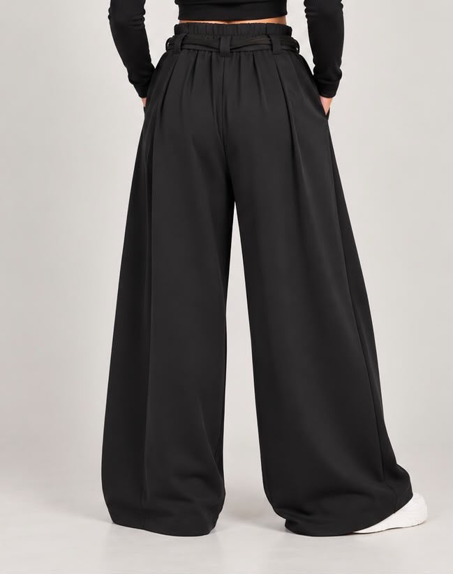 Pantaloni Palazzo Ampi a Vita Alta con Pieghe e Cintura Nastro (Nero)