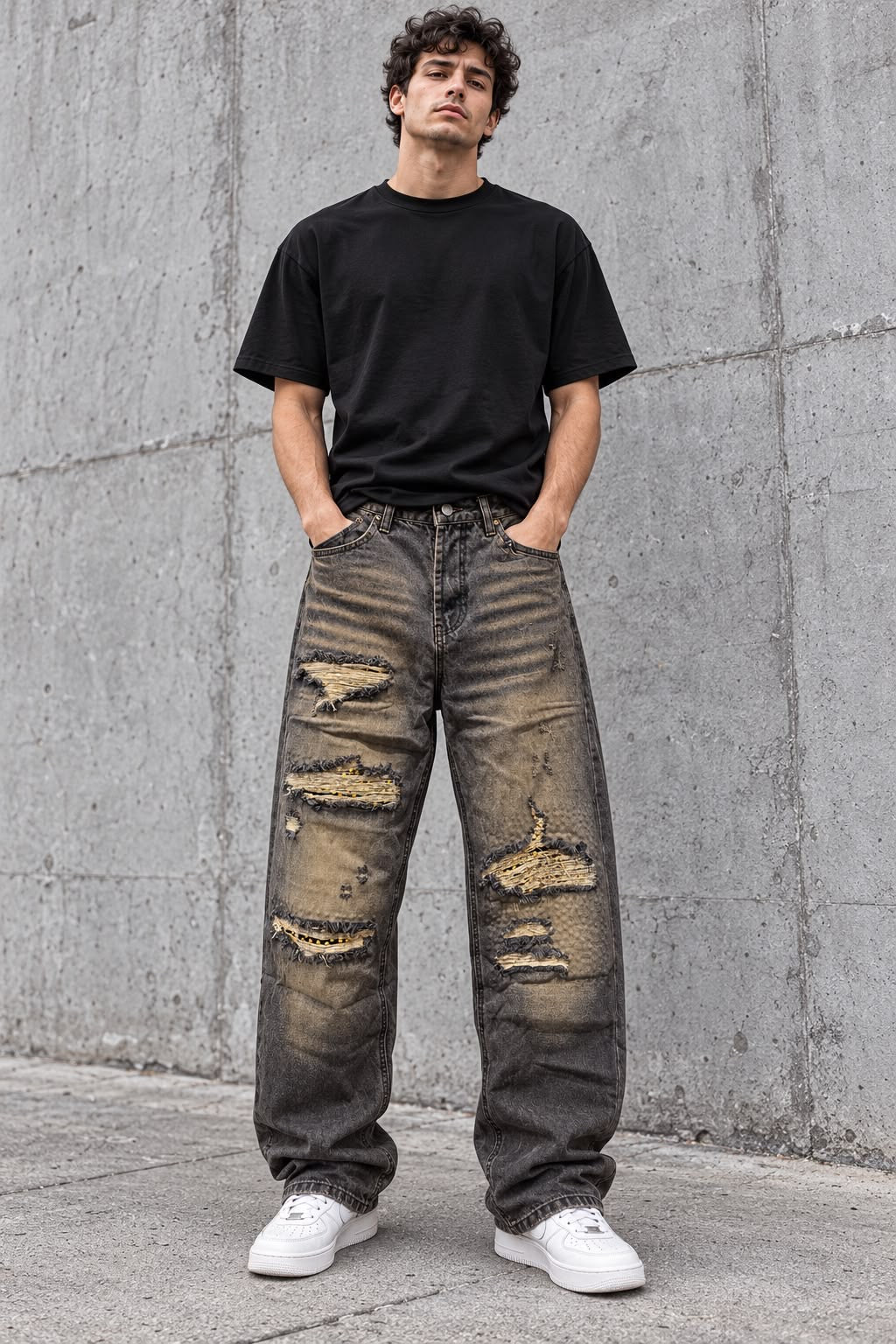 Jeans Baggy Washed Nero/Grigio con Strappi e Inserti
