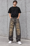 Jeans Baggy Washed Nero/Grigio con Strappi e Inserti