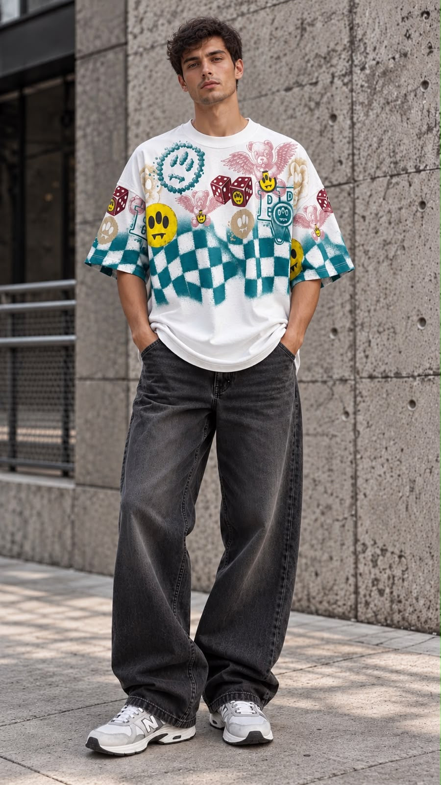 BARROW T-shirt manica corta off white per uomo e donna con stampa grafica check e loghi multicolor.