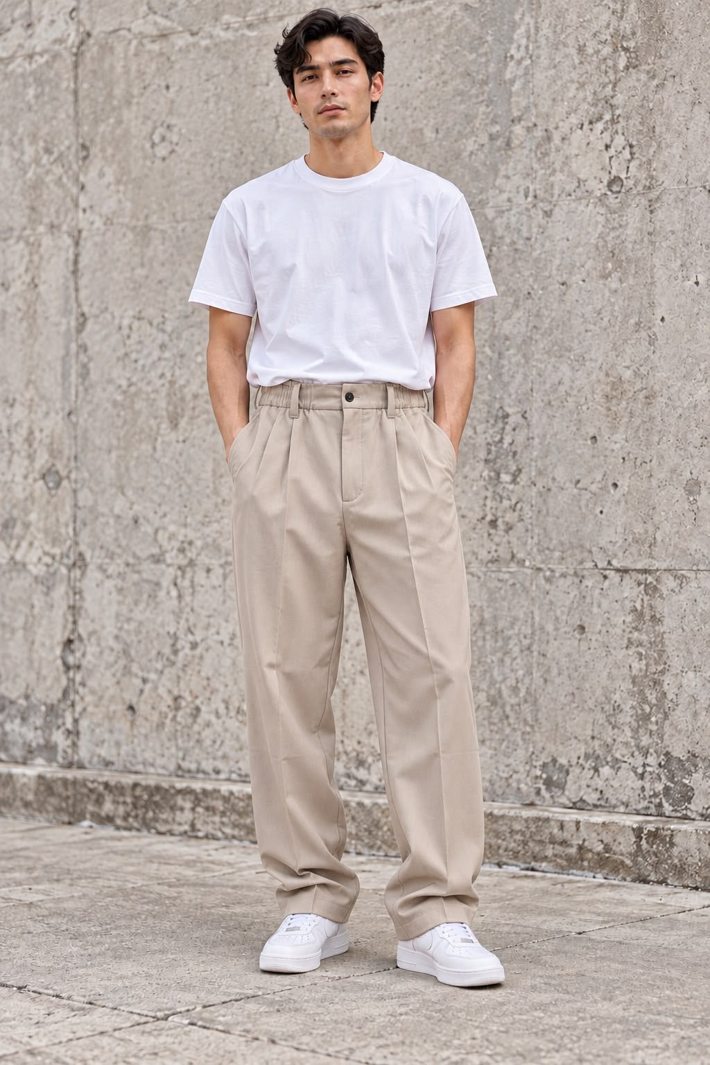 Pantaloni Sartoriali Beige / Beige Chiaro con Elastico in Vita